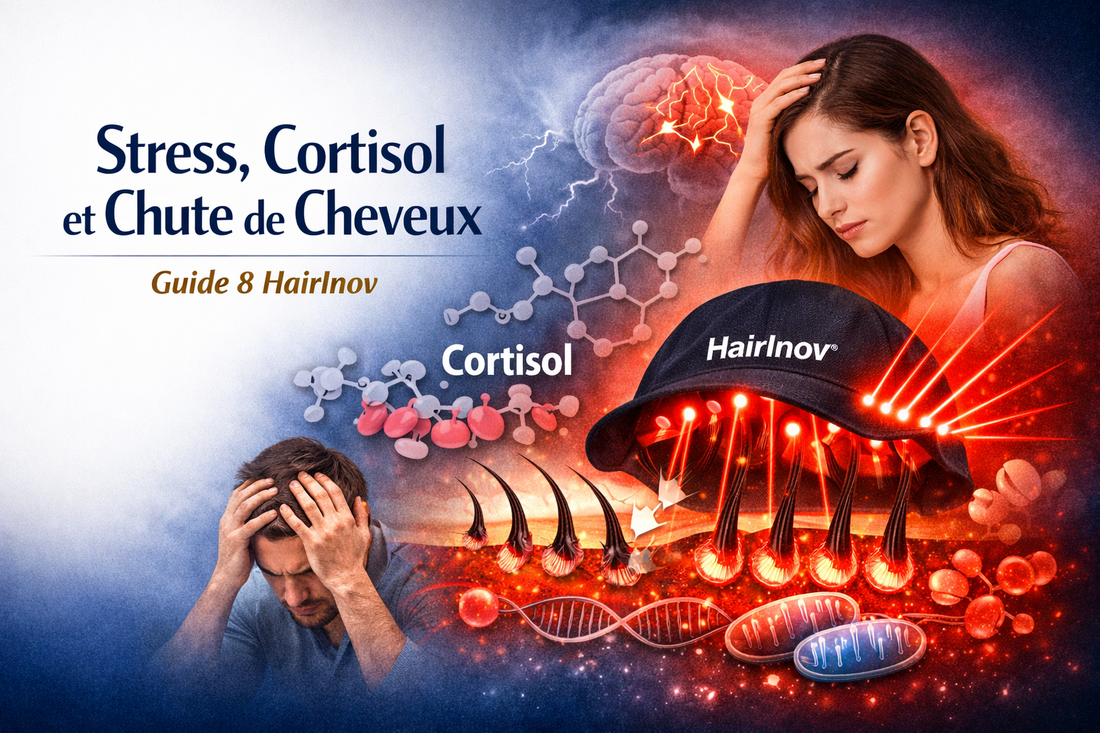 Stress cortisol chute de cheveux solution laser LLLT 650 nm casquette HairInov Canada