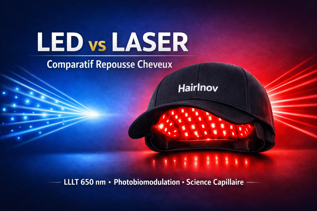Comparatif LED vs Laser LLLT 650 nm pour la repousse capillaire — HairInov Canada